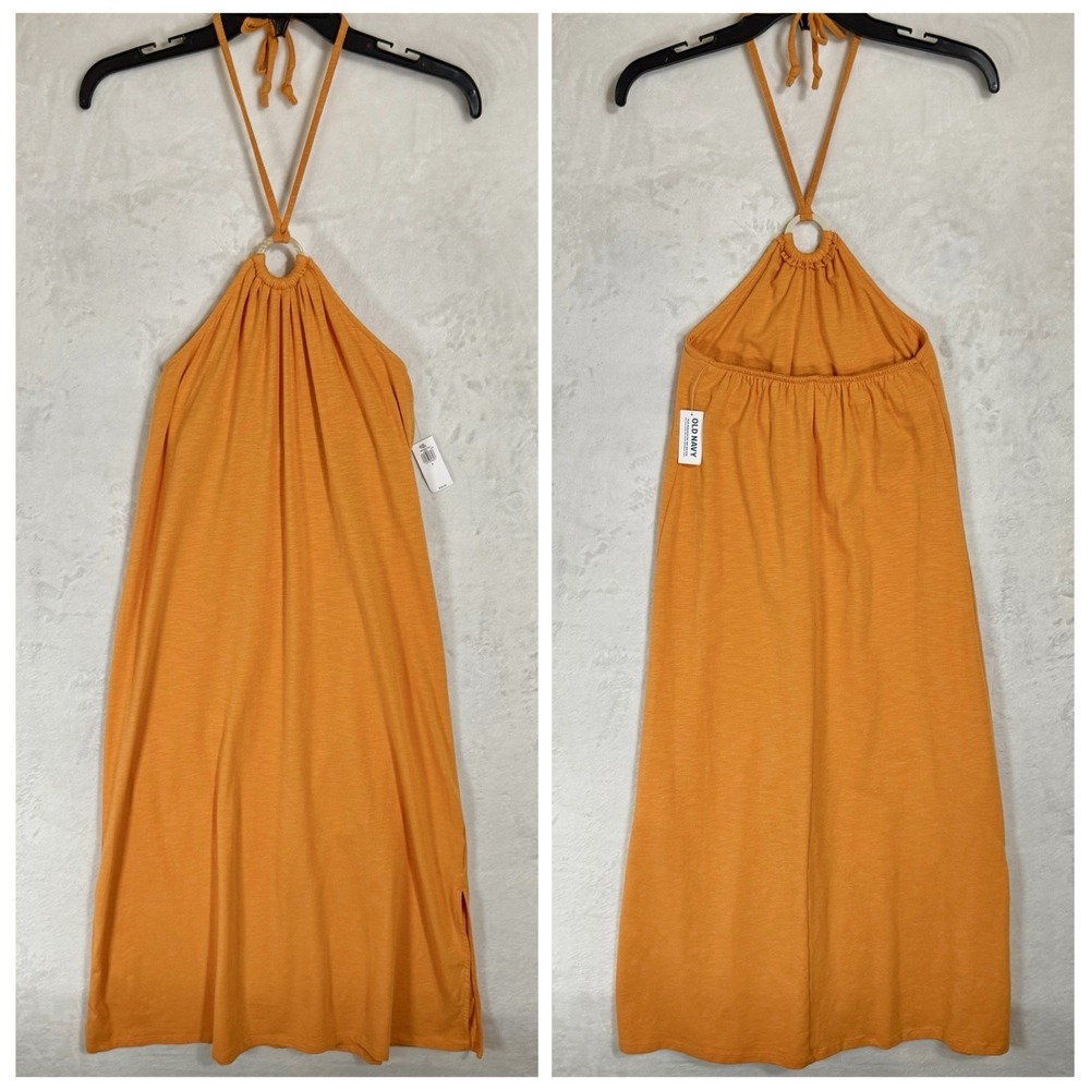 NEW Old Navy Slub Knit Midi Halter Dress Size S Wild Papaya Orange Boho Tropical - Picture 3 of 13